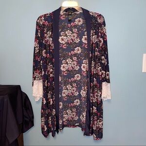 Nanette Lepore Robe Kimono Floral Print with Lace Cuffs Size XL